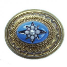 Victorian Blue Enamel and Half Pearl Locket Brooch